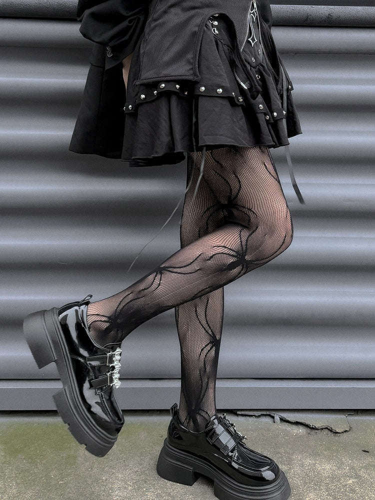 Gothic Punk Black Spiders Pattern Fishnet Tights