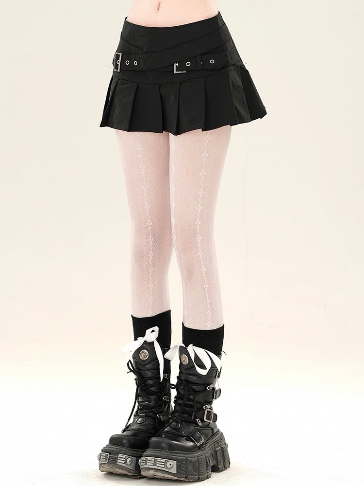 Straps Criss-cross Buckle Black Pleated Mini Skirt