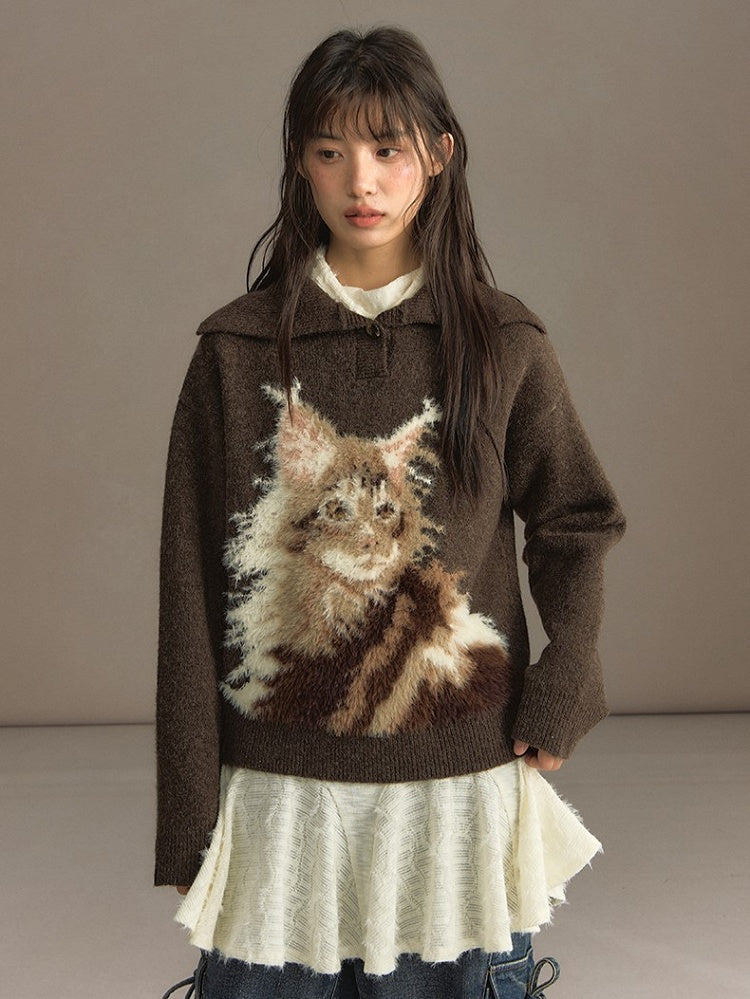 Beige/Brown Cozy Loose-Fit Pullover Sweater with Cat Design and Convertible Collar