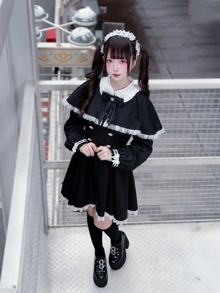 Tie Dress Kei Trim Bow Lace Winter for Free Jirai Cape White + Fall : Black