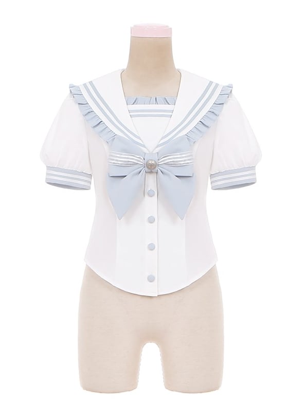 Sailor Collar Light Blue Bow Ruffled Accent Sweet Lolita Blouse