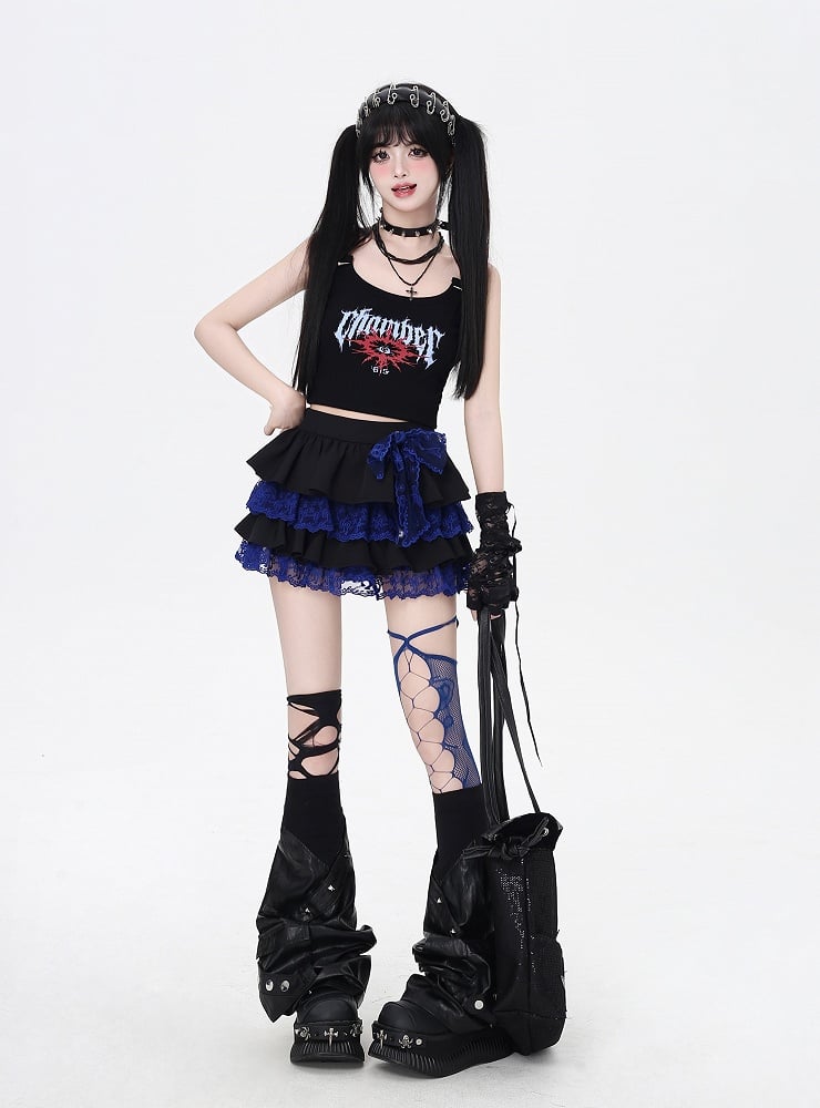 Waist Y2K Tiered Skirt Blue Lace Trim Black Elastic Contrast