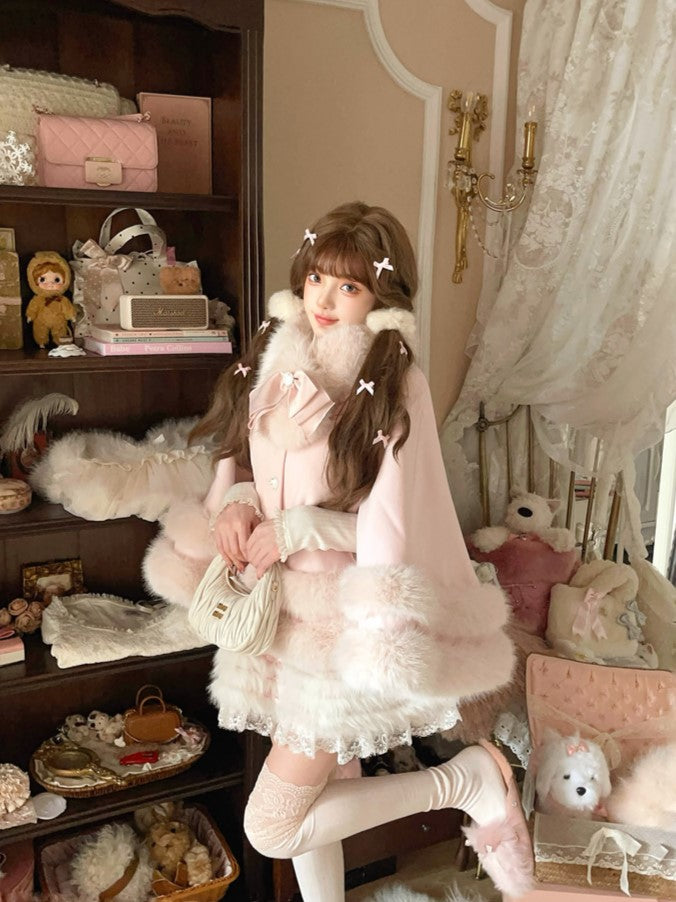 Bow Fur-Trimmed Pink Fleece With Accents Faux Cloak