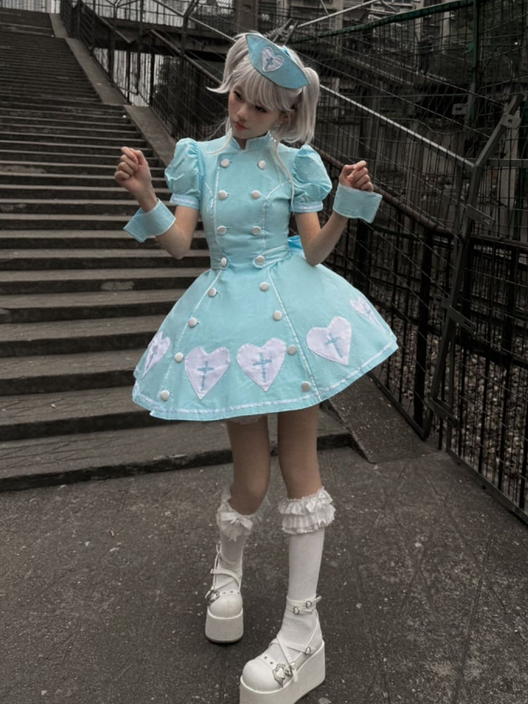 Kleid Herz Lolita Patches Puff Krankenschwester Blau Kreuz Ärmel Weiß
