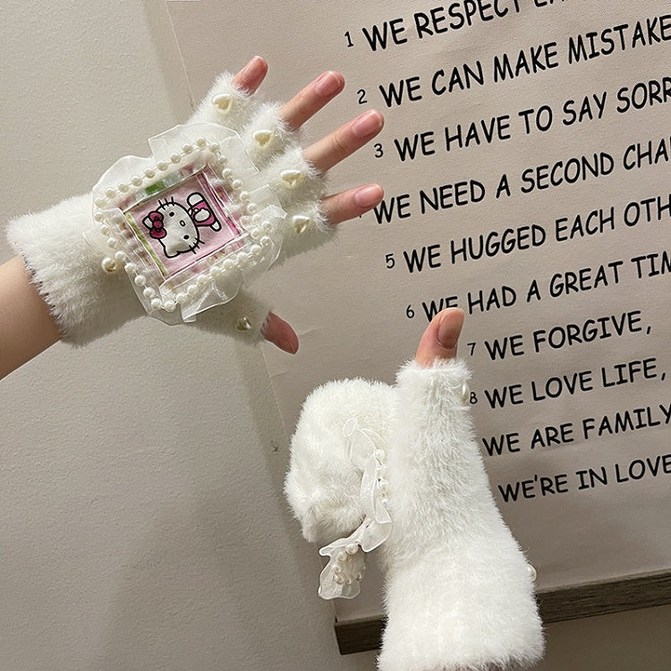 Black/White Cute Kitty Print Heart Beads Lace Details Plush Gloves