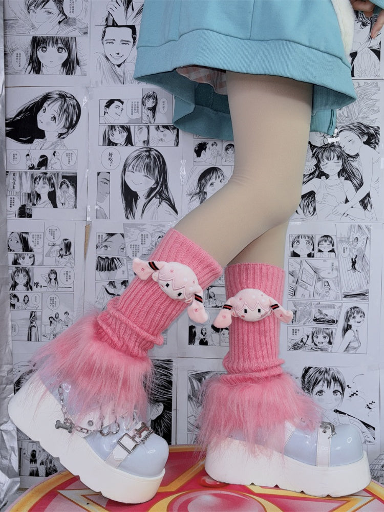 Pink Shaggy Trim Knitted Leg Warmers