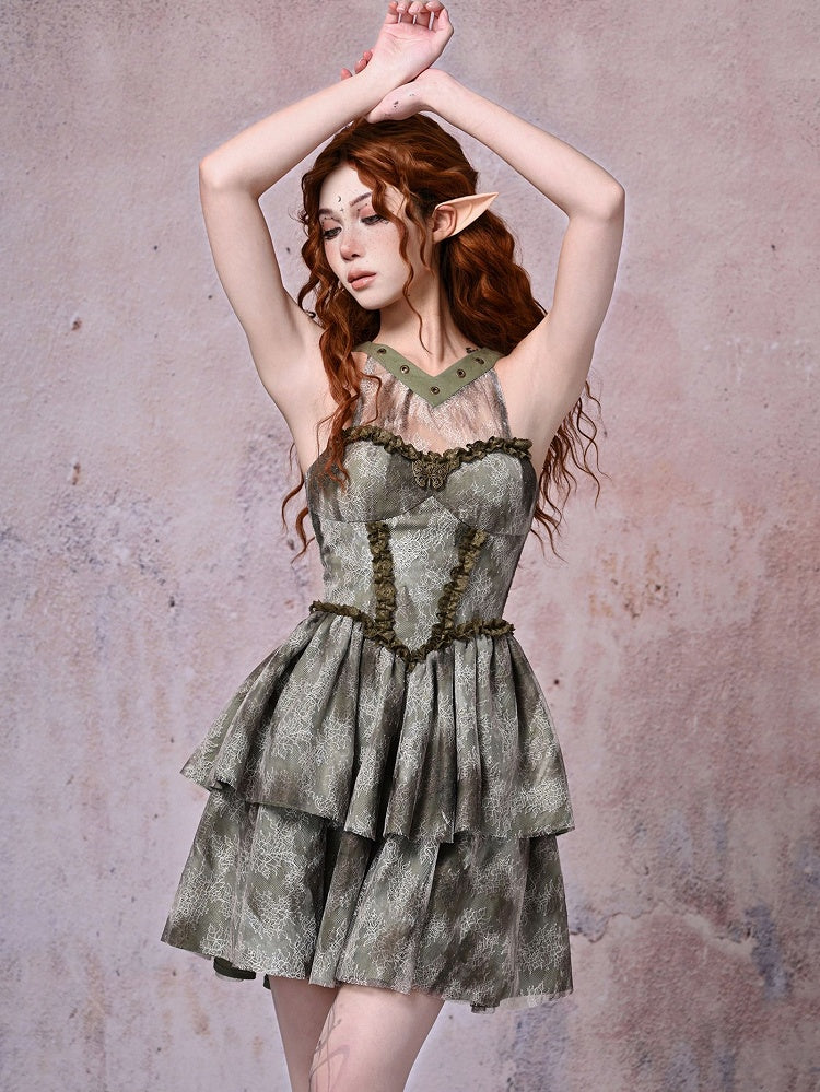 Halter Fairy Tie-dyed Forest Neck Waist Basque Dress Green Light