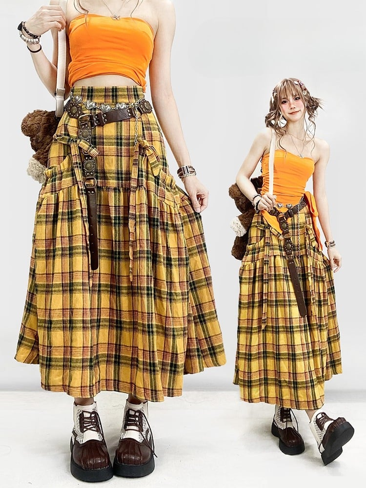 Y2K Details Plaid Bowknot Rock Muster Gelb
