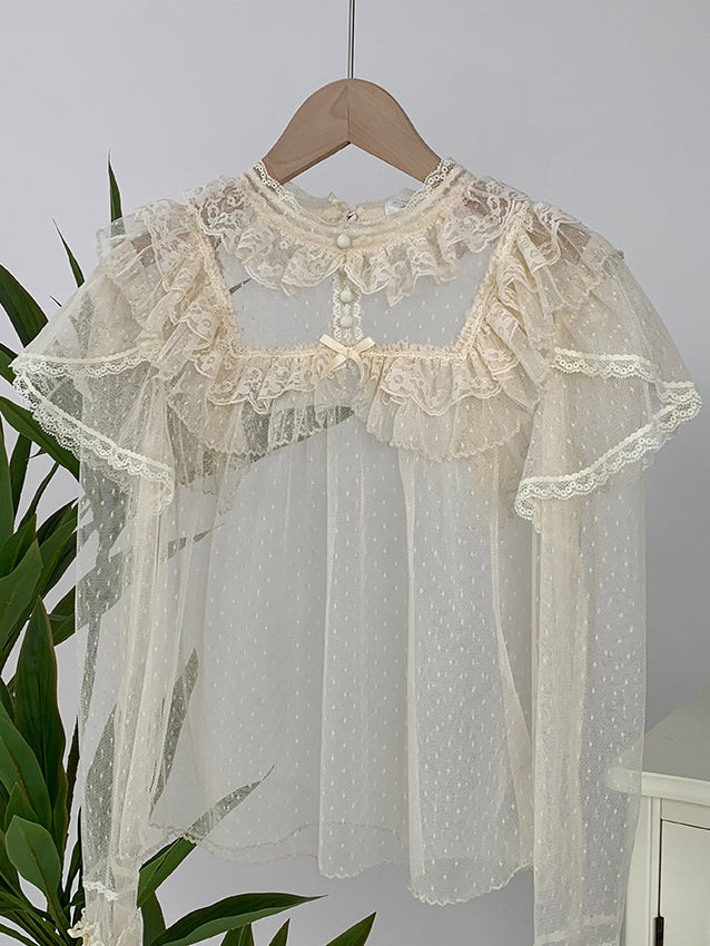 Long Tulle Sheer Top Lace Beige Sleeves Dots