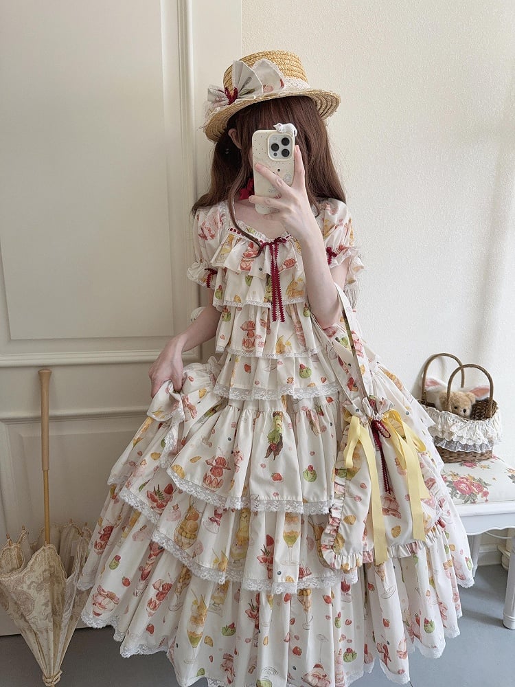 Cream Skirt Print Tiered Lolita Sweet Fruit and Dessert
