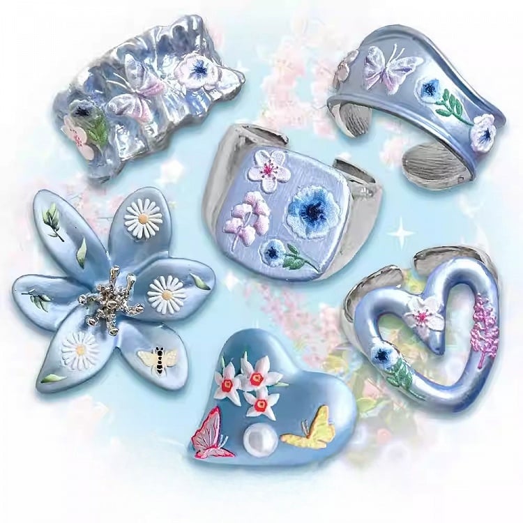8 Bittersüßer Schmetterling und Ring Blaues Blumendesign Y2K Optionen