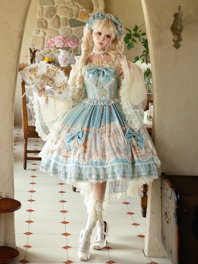 Print Full Lolita Set Classic Elegant Unicorn Blue Dress JSK