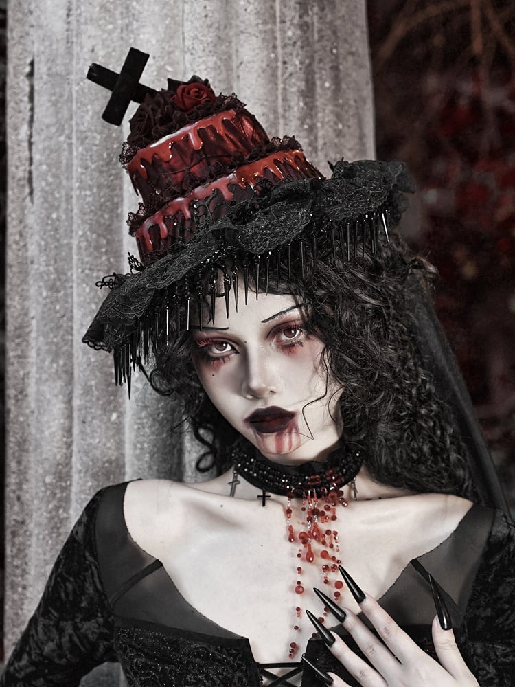 Schwarzer abnehmbarer Hut Goth Roter Schleier und mit Halloween