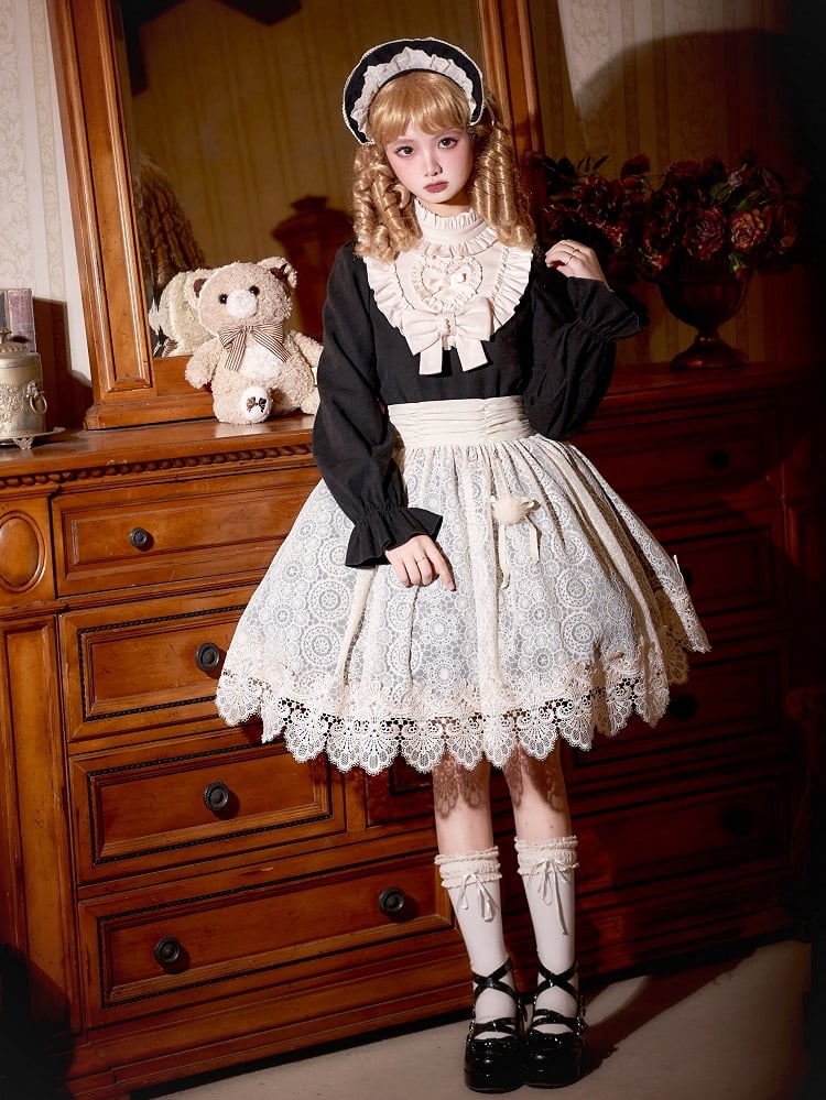 Beige Ruffle Neckline Black High Waist Long Balloon Sleeves Lolita Dress Short Version