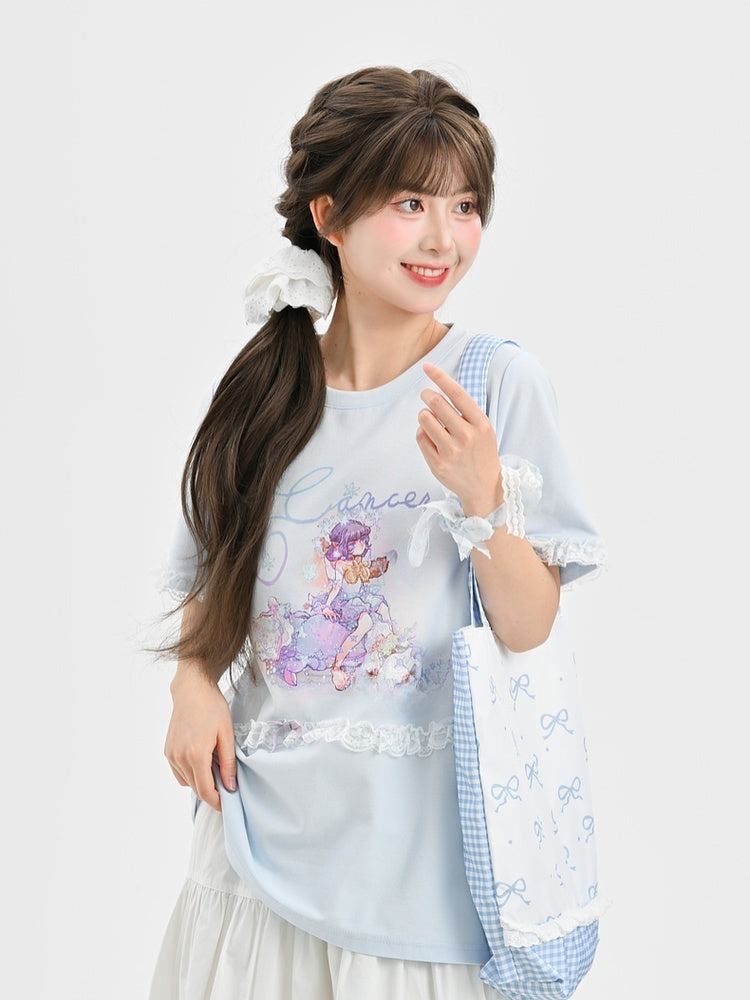 Blue Round Neck Lace Loose T-Shirt Applique Cancer Constellation Print