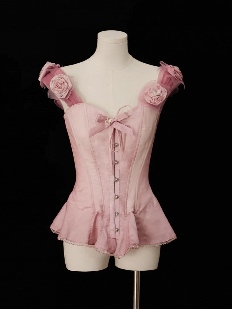 Boned Corset Top with Detachable Floral Adornments Hem Flounce Pink