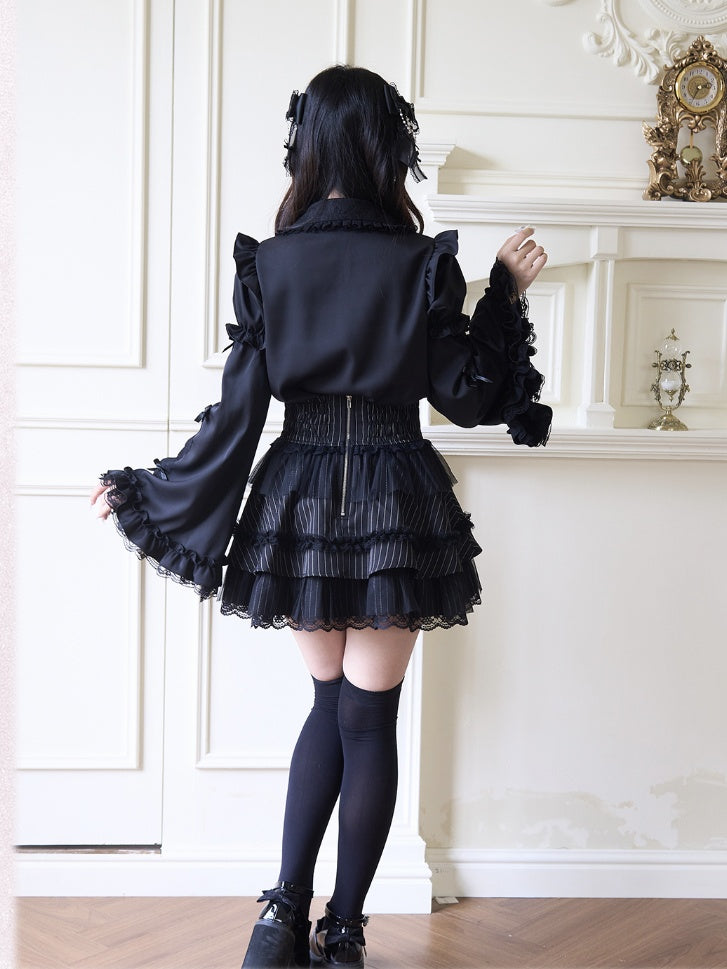 Jirai Kei Peter Sleeves Lolita Ruffled Lace Trim Pan Collar Black Blouse with Detachable Bell Gothic Bowknot