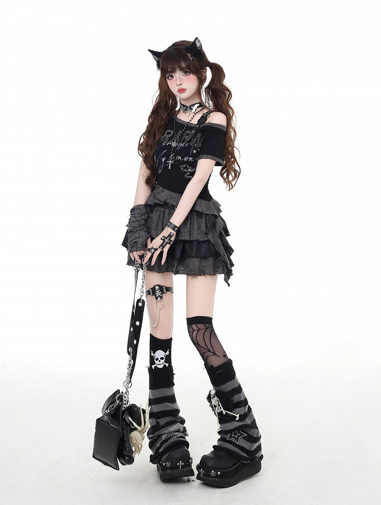 Black Asymmetrical Neckline and Buckle Hem Strap Distressed Holes Graphic T-Shirt