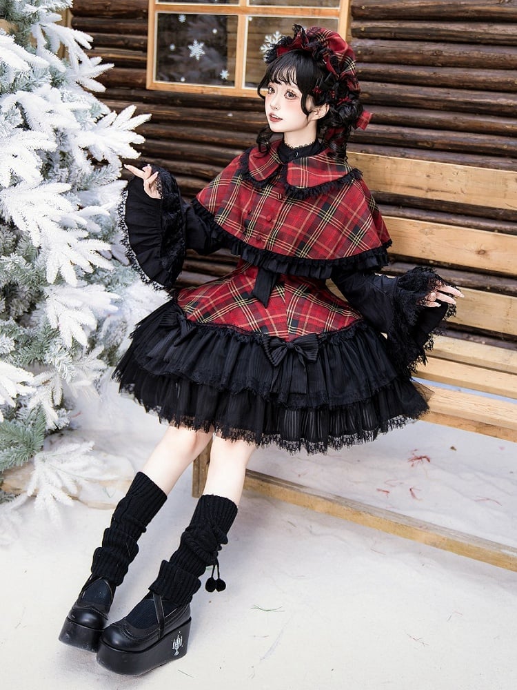 Rot karierter, mit schwarzen Schleifen verzierter, doppellagiger Gothic-Lolita-Pulloverrock mit Saum