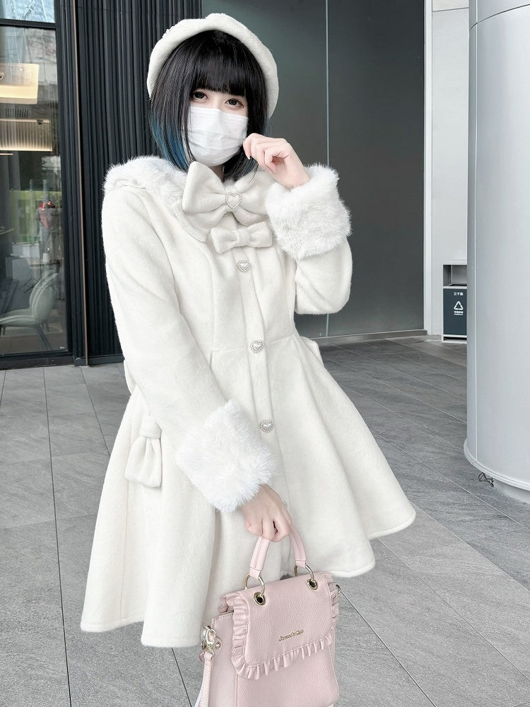 Bowknot Jirai Beige Kei Details Collar and Decorated Plush Cuffs Coat Beaded