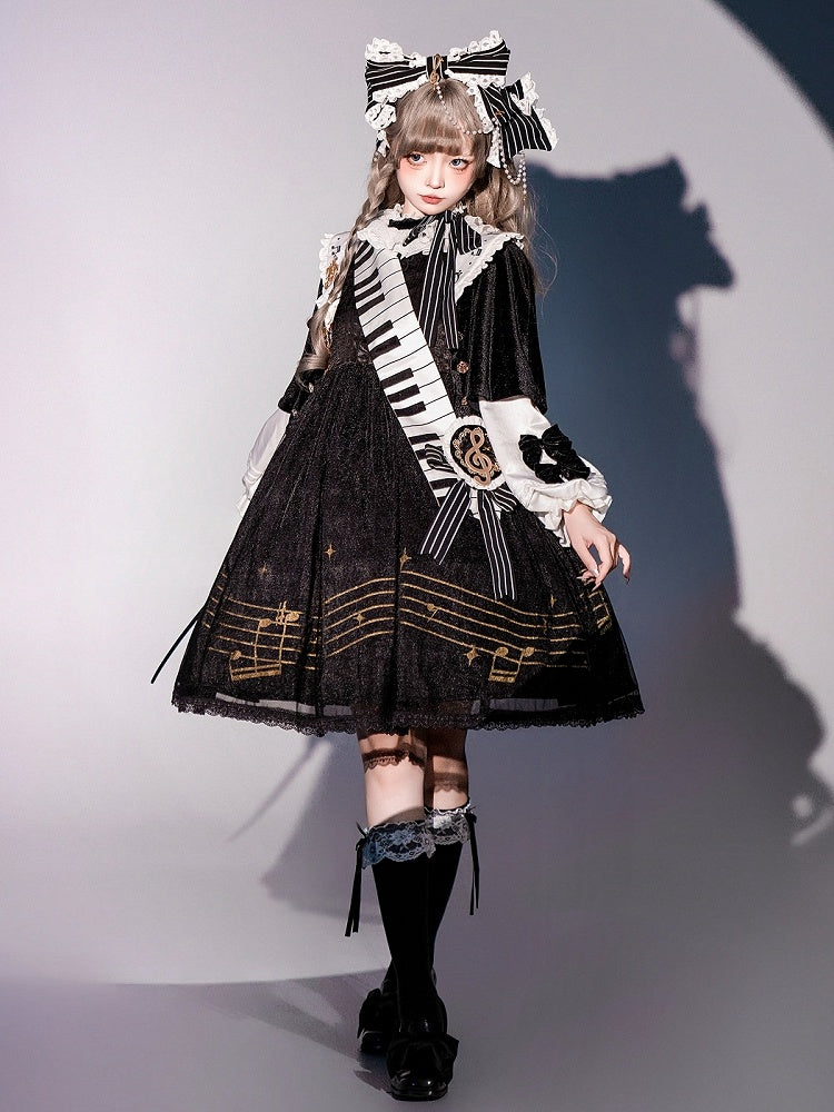 音符プリントの白黒長袖ロリータOPフルセット