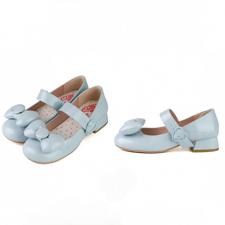 Toe Baby Heels Heart Round Shoes Bow - Lolita Buckle Low at Sweet Blue Top