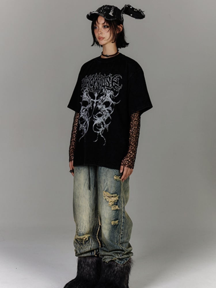 Vintage Distressed Cotton T-Shirt Black/White Wash Punk Print Faded