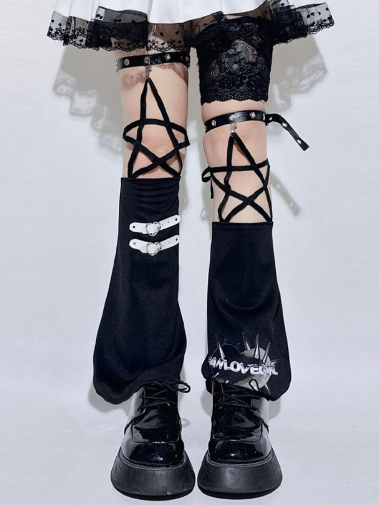 Black Buckle Star-Shaped Straps Leg Warmers