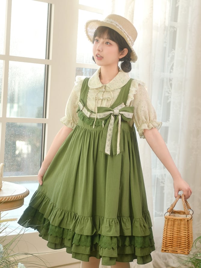 with Detachable Sweet Ruffle Green Overall Dress Hem Bowknot