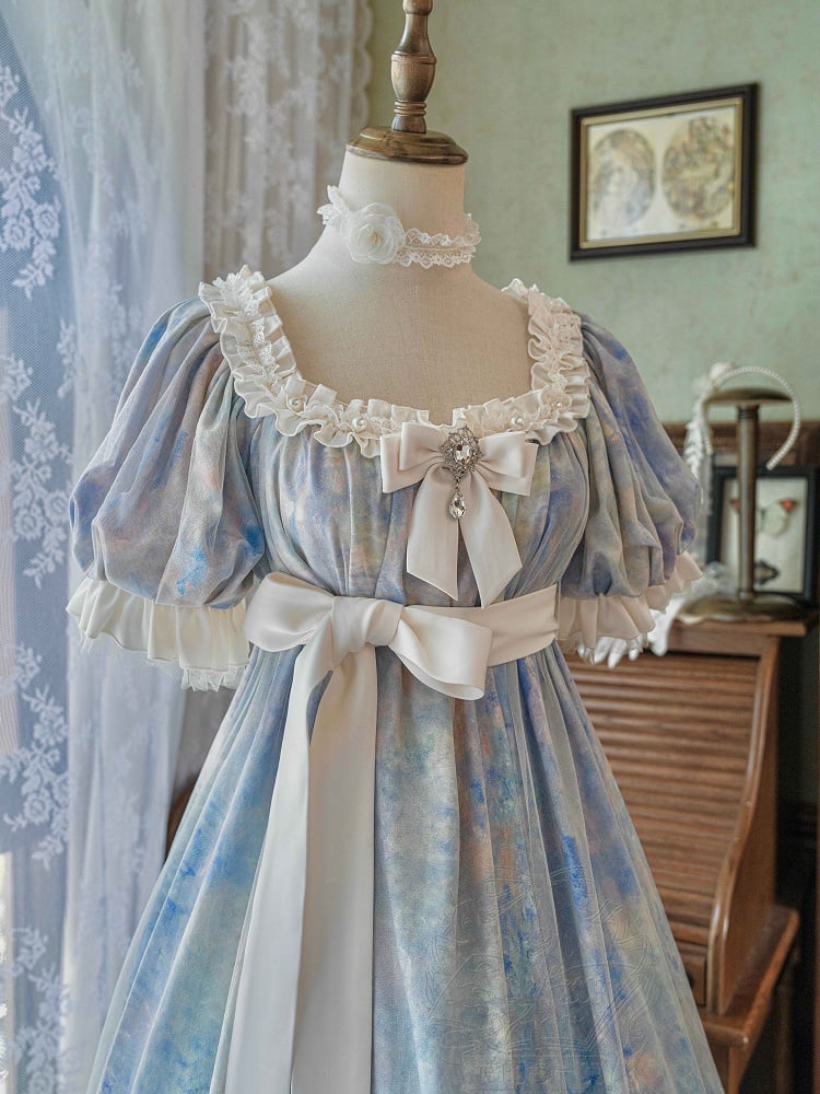 Piece Lolita Maxi One Dress Waist Elegant Classic Painting Blue Empire Oil Print