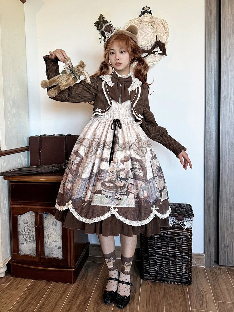 Fake Pieces Design Coffee Creamy Lolita House Print Dress Sleeves Long Teddy Two