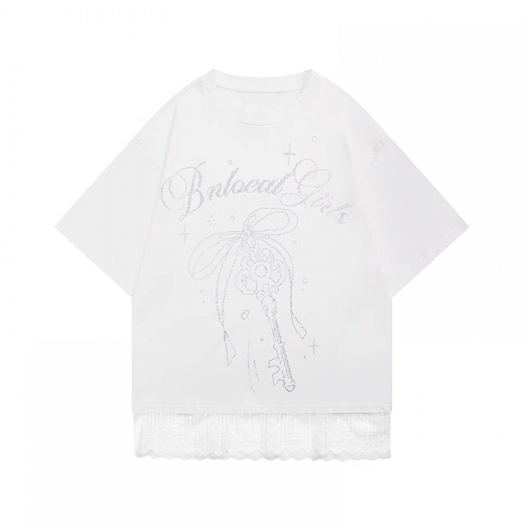 T-shirt Key Rhinestones Bowknot and Lace Trim White Round Neck