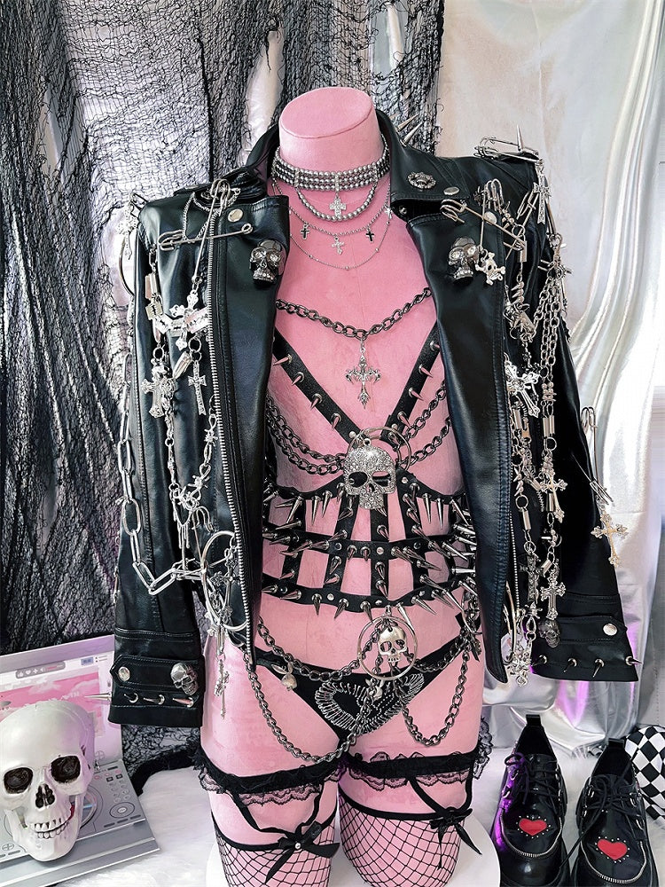 Schwarzes Punk-PU-Harnisch mit Skelett-Nieten-Detail
