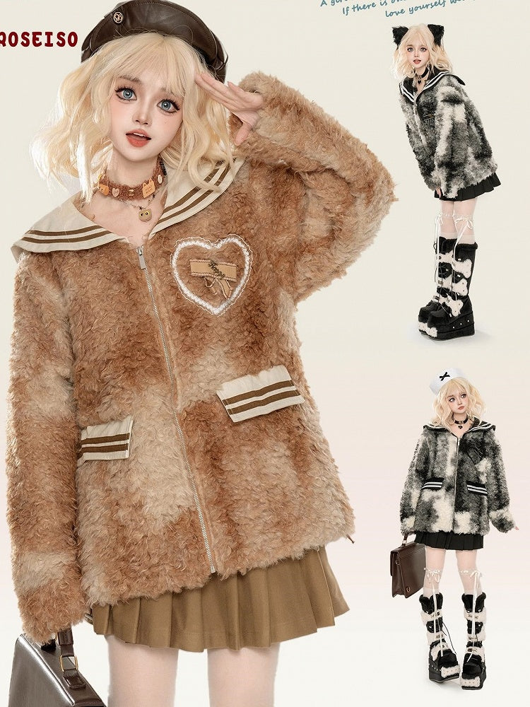 Black/Brown Sailor Collar Bowknot Details Fleece Jacket