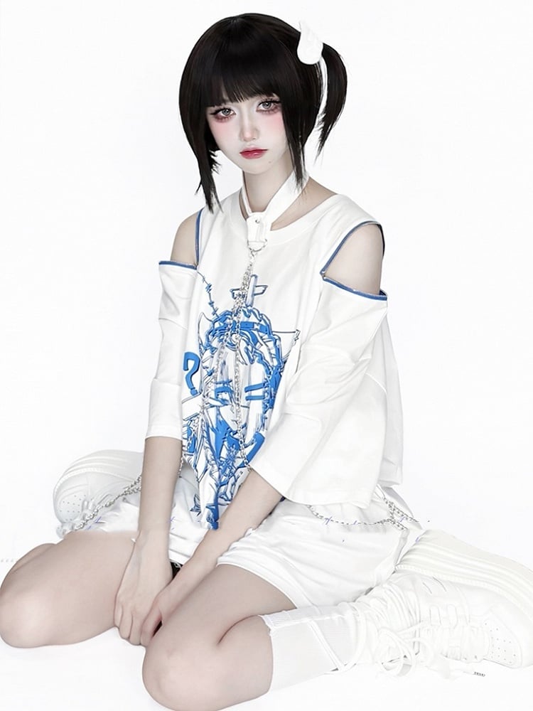 Chain Anime with Convertible Blue T-Shirt Shoulder Detachable Zip Black Choker Print White /