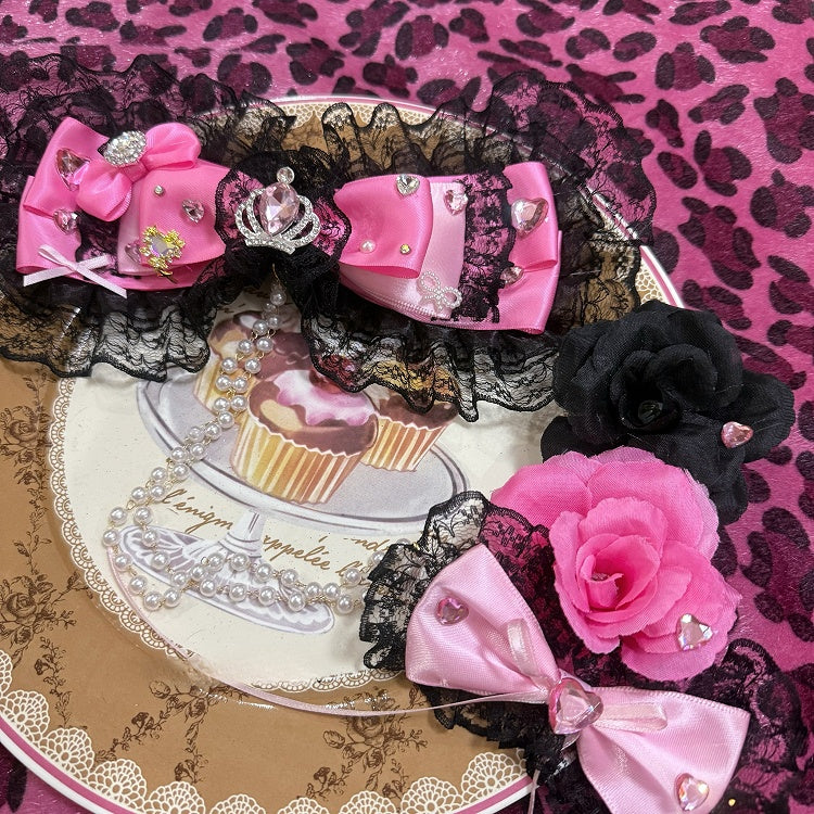 And Heart Two Trim Rhinestone With Hairclips Lace Bead Bowknot BlackPink Chain Decorated Floral Crown Dual