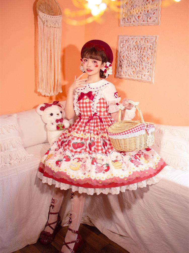 Wine Red Plaid Strawberry and Bear Print Cottagecore Country Sweet Lolita Dress Jumper Skirt
