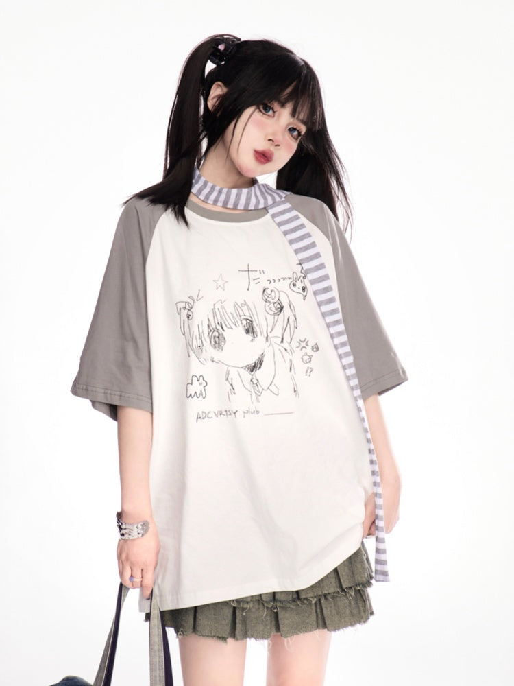 Anime Girl Graffiti T-Shirt Scarf with Striped Grey Colorblock Design