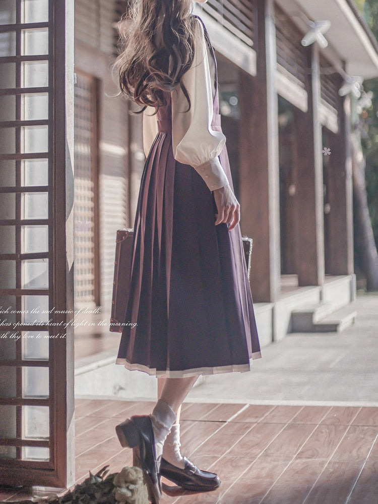 Purple Embroidery Floral Dusty in with High Waist Box Pleat Overall Dress