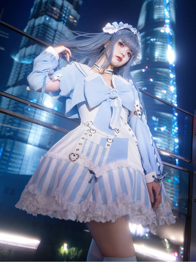 Kitty Light Bow Kaiwai Set Blue JSK Dress Cropped Tenshi Lolita Sailor Striped Big Top Pattern Ears + - Collar