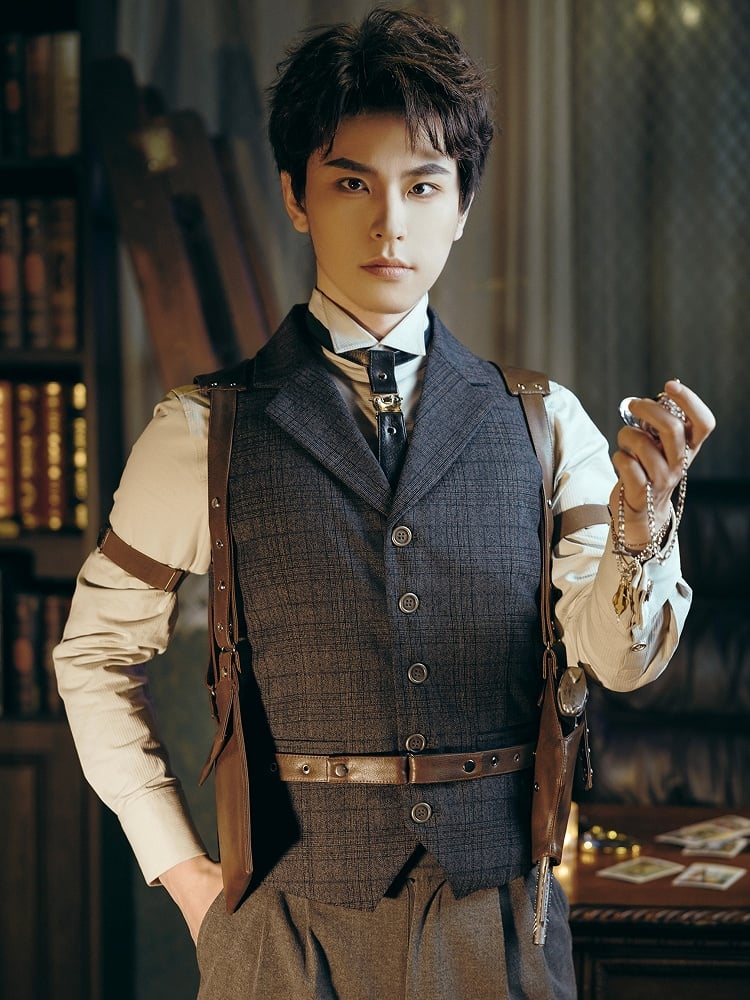 Plaid Dark Waistcoat Gray Steampunk