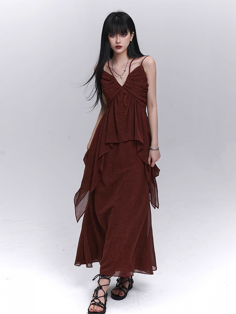 Waist Ankle Length Skirt Dark Red Elastic