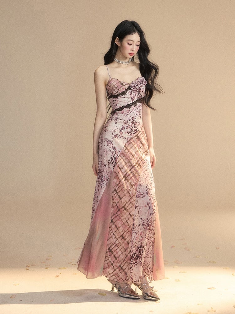 華やかなレースの花柄装飾柄ピンクヒョウ柄トリムスリップドレス