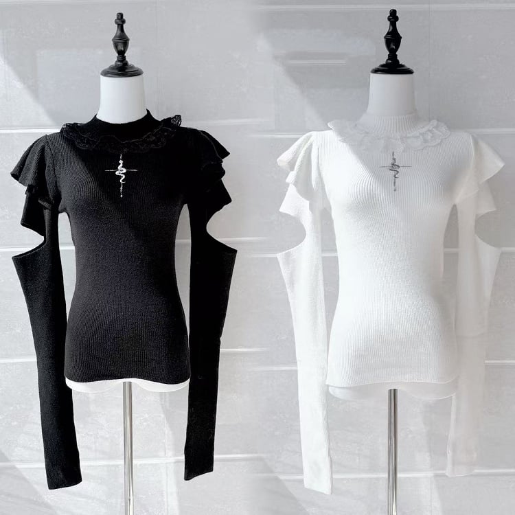 White Embroidery Neck Knit Mock Flutter Gothic Top Sleeves Snake with