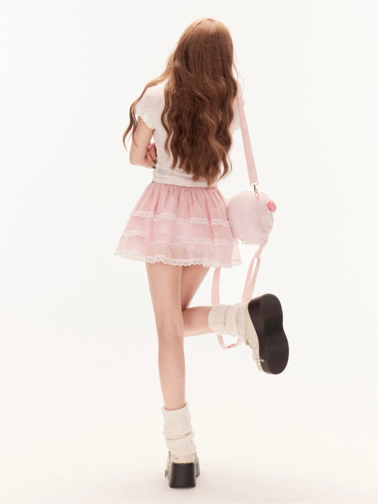 Print Knit T-Shirt White Mock Neck Sweet Bowknot