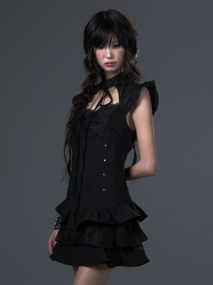 Black Gothic Punk A-Line Puff Dress with Lace Metal Studs