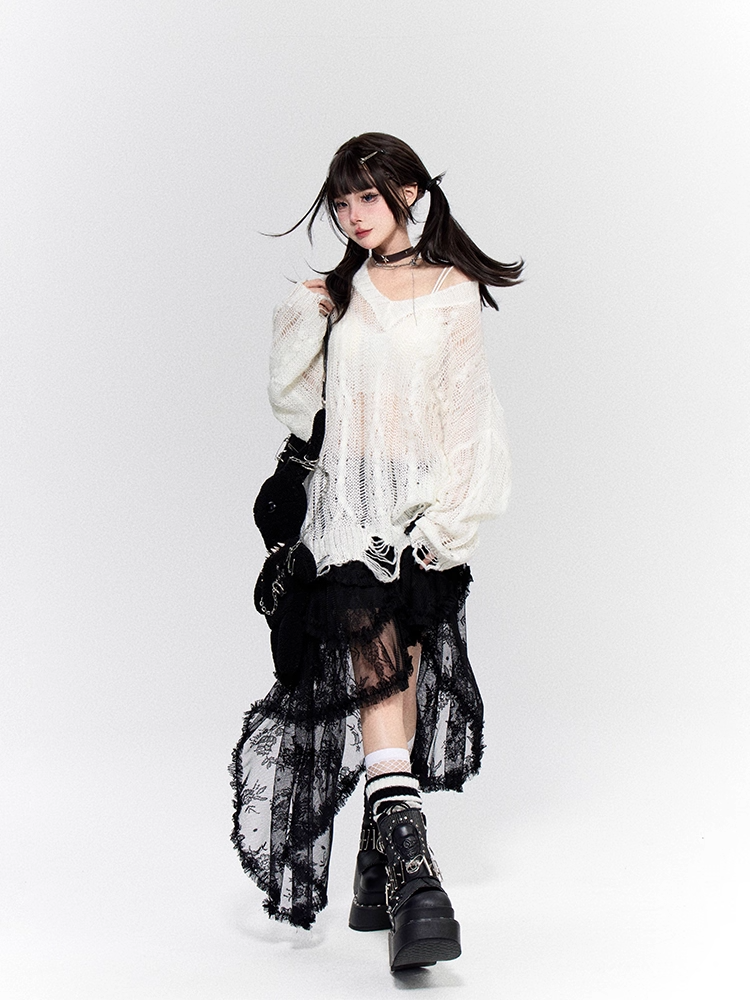 Tiered Lace Asymmetrical Hem Black Skirt with