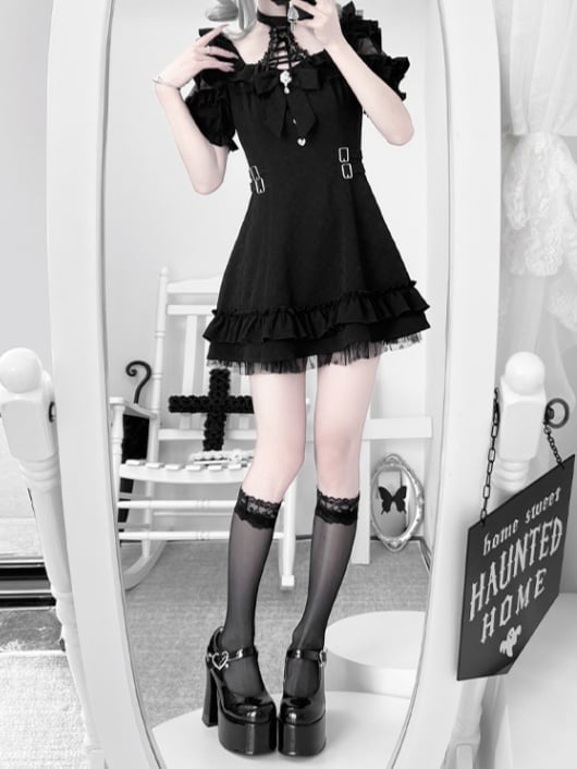 Detail Lace-up Jirai Kei Halter Neck Dress with Bow Black Tie