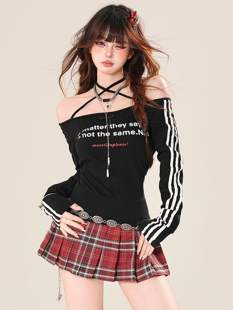 Neckline Off-the-shoulder Sleeves Letter Print Top Bittersweet Black/White Long Glamorous