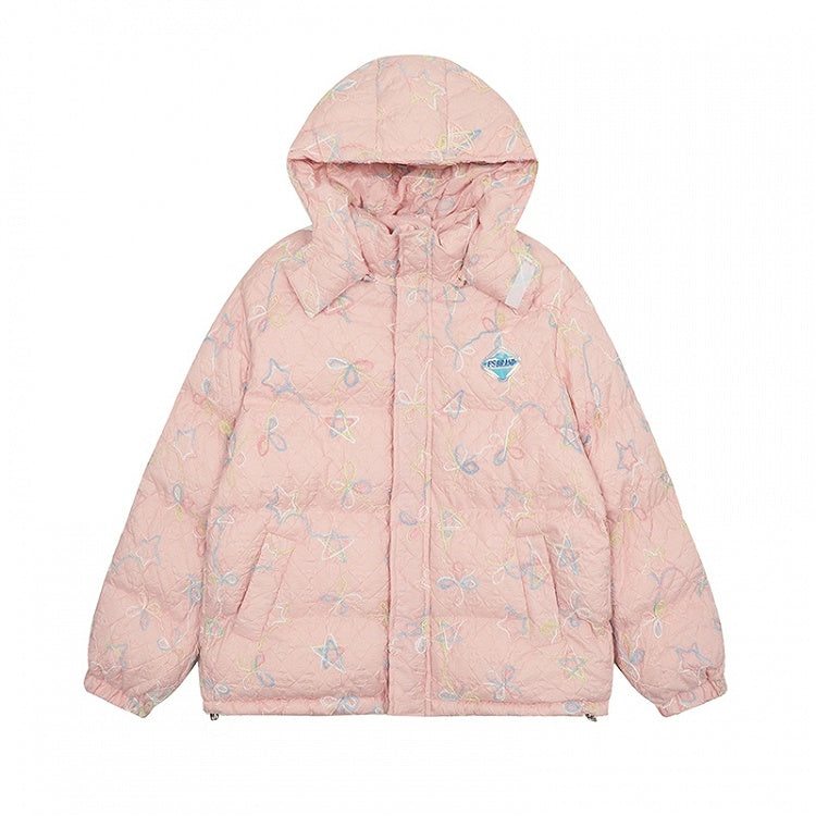 Milk White/Pink Stars and Bows Hooded Thick Jacket